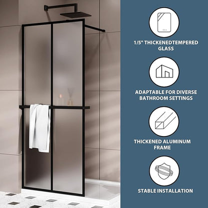 Goodyo 34“ x 72" Shower Door Tempered Glass Shower Screen with Tool Bar Towel Rack for Walk in Bathroom