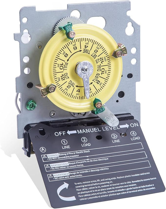 T104M Mechanical Time Switch (Mechanism Only), 208-277V AC 40A DPST, 24-Hour Dial with 12 ON/Off Trips, Heavy-Duty Timer Switch for Pool Pumps Water Heater Lighting and HVAC, with 4 Timer Trippers