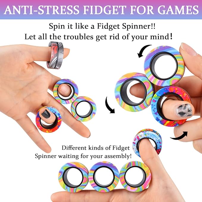 Cevioce 9Pcs Magnetic Rings Fidget Toy Set, ADHD Anxiety Magnetic Fidget Toys Adults Fidget Spinner Rings for Relief, Valentines Day Gifts for Him 8+ Year Old Teen Boy Adults Easter Basket Stuffers
