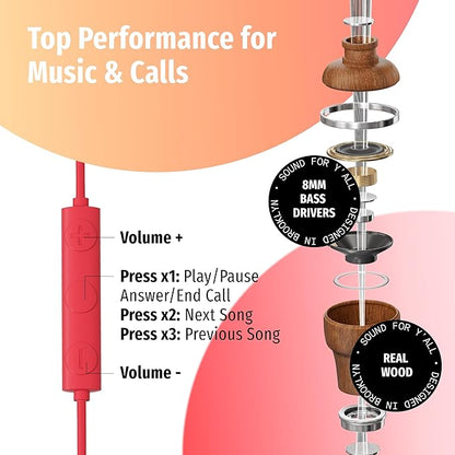 Symphonized Premium Wooden iPhone Earphones Wired (USB C) Deep Bass Sound, 3D Sound, Microphone Volume Control, 90% Noise Cancelling for Type C Devices. Earphones for iPhone 15 to 17 & Android