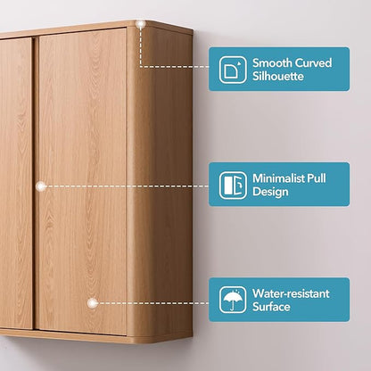 Wall Mounted Storage Cabinet, 2-Door Bathroom Medicine Cabinet with Adjustable Shelves, Modern Wood Hanging Organizer with Rounded Edges for Laundry Room, Kitchen