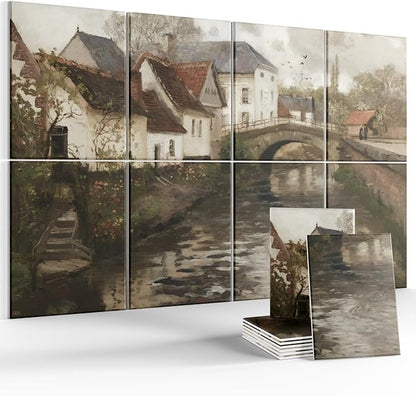 Wall Art Acoustic Panels,70''×47''Sound Absorbing Panels-8-Pack with 60 Adhesive Tabs, Panels for Living Room and Recording Studio, Offices-Small Town Near La Panne