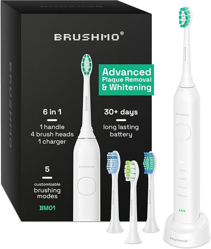 Brushmo Super Sonic Electric Toothbrush with 4 Replacement Heads - Rechargeable Electronic Tooth Brush for Adults with 5 Customizable Modes - IPX7 Waterproof & Long-Lasting Battery - White
