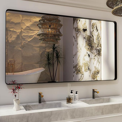 ISKM Black Framed Mirror for Wall 72"x 40", Large Bathroom Mirror Anti-Rust, Tempered Glass, Rounded Rectangle Mirror(Horizontal/Vertical)