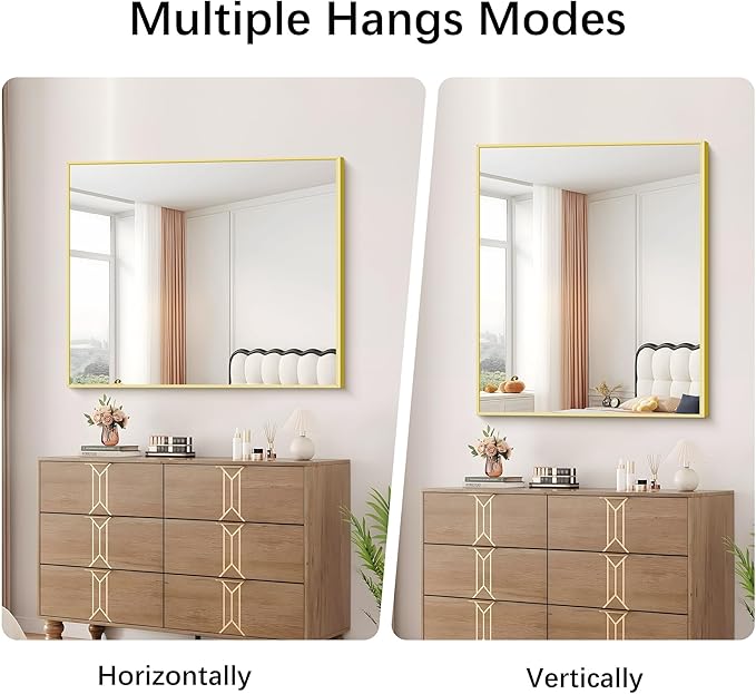 Gold Bathroom Mirror for Wall, 30x36 Inch Rectangle with Metal Frame, Modern Vanity for Bathroom Living Room, Entryway Hangs Horizontal or Vertical