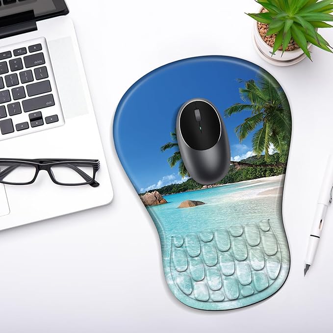 YIWEI Ergonomic Mouse Pad with Wrist Rest - Comfortable Office Mousepad with Memory Foam Wrist Support for Carpal Tunnel Relief, Mouse Pads with Non-Slip Base for Gaming and Home (Beach)