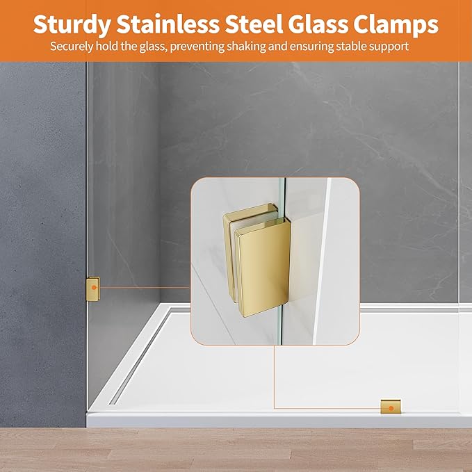 Shower Glass Panel, Fixed Shower Screen Panel with 3/8"(10mm) SGCC Ultra Clear Tempered Glass, Frameless Walk in Shower Door with Easy‑Clean Coating (Bright Gold, 30.5" W x 78.75" H)