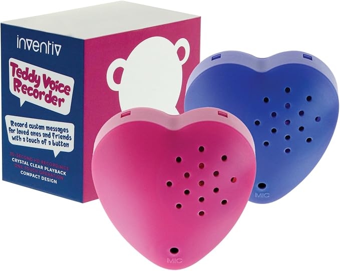 Inventiv 2 Pack, 30 Second Voice Sound Recorder Module for Plush Toy, Stuffed Teddy Bear Animal Recordable Heart, Record Custom Messages (Pink/Blue)