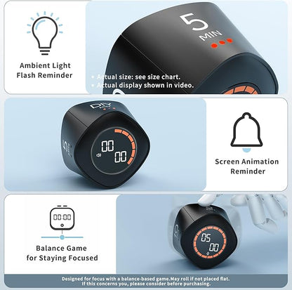 VEWINGL Cube Productivity Timer, 5/10/25/DIY Min Presets + Count-Up Mode, Time Display & Alarm Clock, Sound/Vibrate/Silent Alerts, Pause & Resume, Desk Timer for Work, Study, Kitchen (Black)