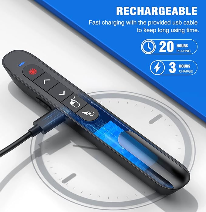 DINOSTRIKE USB-A and USB-C Presentation Clicker with Air Mouse Control, Rechargeable Wireless Presenter Remote PPT Pointer RF 2.4GZ PowerPoint Clicker Slide Advancer for Mac Computer Laptop