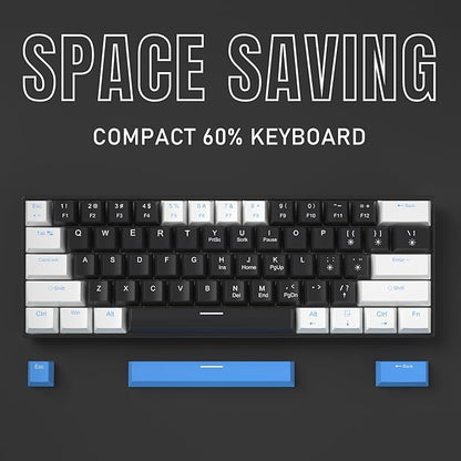 Camiysn 60% Mechanical Gaming Keyboard,White Black Blue Keycaps Gaming Keyboard with Linear Red Switch, Detachable Type-C Cable Mini Keyboard with Blue LED Light for Windows/Mac/PC/Laptop