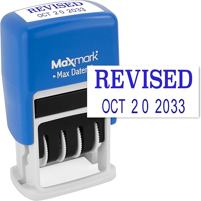 MaxMark Self-Inking Rubber Date Office Stamp with Revised Phrase & Date - Blue Ink (Max Dater)