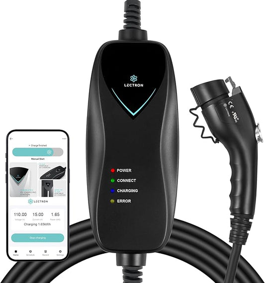 Lectron Level 1 J1772 Charger (WiFi Version) - 120V, 15 Amp, NEMA 5-15 Plug, 16 ft Extension Cord - Portable Electric Car Charger for J1772 Evs