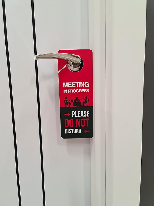 Business Design, Meeting In Progress Do Not Disturb Door Hanger Sign, 2 Pack, Double Sided, Ideal for Offices, Online Sessions and Meetings, Online Classes, Home Offices, Counseling