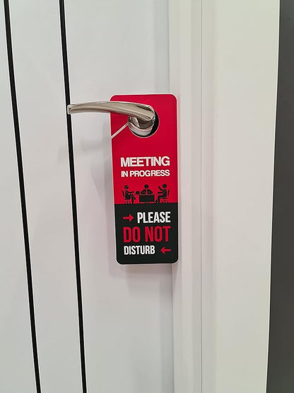 Business Design, Meeting In Progress Do Not Disturb Door Hanger Sign, 2 Pack, Double Sided, Ideal for Offices, Online Sessions and Meetings, Online Classes, Home Offices, Counseling