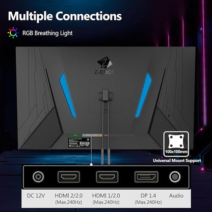 24.5" Gaming Monitor 240Hz, Z-Edge UG25F FHD 1920x1080 Computer Monitor, 1ms Frameless LED, Contrast Ratio 5000:1