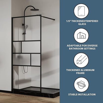 Goodyo 34” X 72” Shower Door Tempered Glass Framed Shower Screen Panel for Walk-in Bathroom Matte Black Finish, Middle Glass Frosted Pattern, 3-Pieces Glass