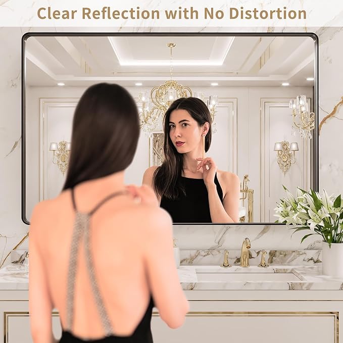 LOAAO 55X36 Inch Black Metal Framed Bathroom Mirror for Wall, Matte Black Bathroom Vanity Mirror Farmhouse, Large Rounded Rectangle Mirror, Anti-Rust, Tempered Glass, Hangs Horizontally or Vertically