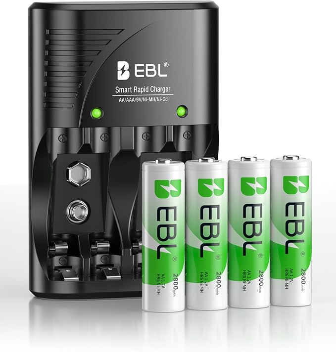EBL 4-Bay Battery Charger for AA & AAA Rechargeable Batteries with Rechargeable AA NiMh Batteries, 4 Count, Battery Charger with Foldable Wall Plug
