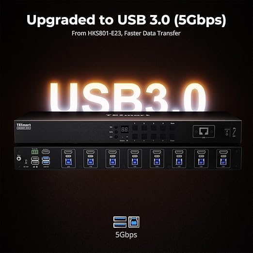 TESmart USB 3.0 HDMI KVM Switch 8 Port 4K@60Hz, 8X1 Rackmount KVM Enterprise-Grade EDID Emulator | Hotkey Switch | RS232 | LAN Port | IR Remote | IP Control | Auto Scan | with 8 Pcs 5ft KVM Cable