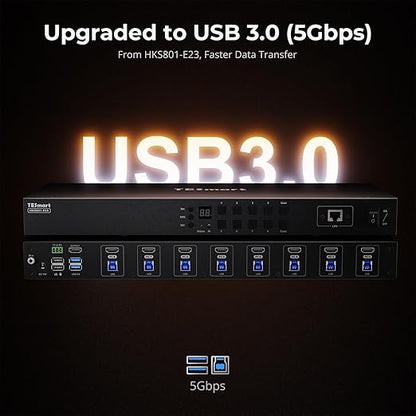 TESmart USB 3.0 HDMI KVM Switch 8 Port 4K@60Hz, 8X1 Rackmount KVM Enterprise-Grade EDID Emulator | Hotkey Switch | RS232 | LAN Port | IR Remote | IP Control | Auto Scan | with 8 Pcs 5ft KVM Cable