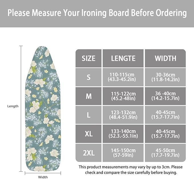 ZCFYGDX Fresh White Daisy Print Ironing Board Cover, Resist Scorching & Staining, Easy to Install Resistant Elastic Edges, 3 Nylon Buckle Straps Fasteners, Protective Scorch Cloth Covers Size-S