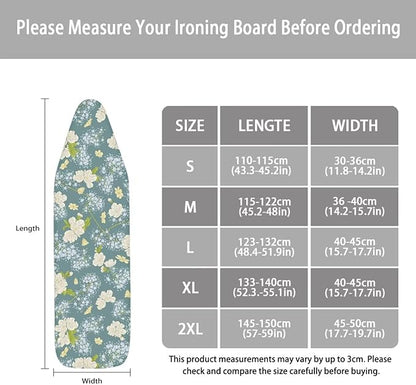 ZCFYGDX Fresh White Daisy Print Ironing Board Cover, Resist Scorching & Staining, Easy to Install Resistant Elastic Edges, 3 Nylon Buckle Straps Fasteners, Protective Scorch Cloth Covers Size-S