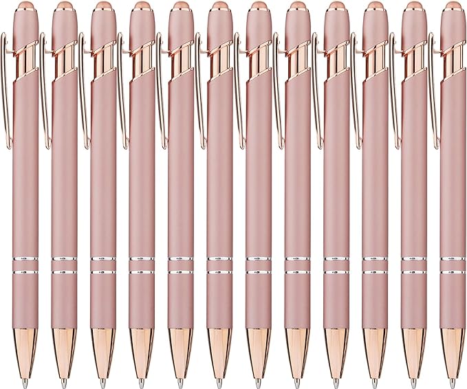 LINFANC 12 Pack Rose Gold Ballpoint Pen with Stylus Tip, 1.0 mm Black Ink Smooth Writing Pens, Metal Stylus Pens for Touch Screens