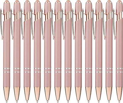LINFANC 12 Pack Rose Gold Ballpoint Pen with Stylus Tip, 1.0 mm Black Ink Smooth Writing Pens, Metal Stylus Pens for Touch Screens