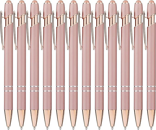 LINFANC 12 Pack Rose Gold Ballpoint Pen with Stylus Tip, 1.0 mm Black Ink Smooth Writing Pens, Metal Stylus Pens for Touch Screens
