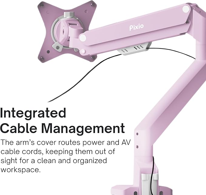 Pixio PS1S Wave Pink Single Monitor Arm Stand Desk Mount - Fits up to 32 inches Monitors and up to 19.8lbs. VESA Compatibility and Integrated Cable Management
