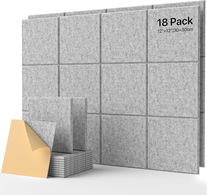 18 Pack Soundproof Wall Panels Self-Adhesive, Square Sound Proof Foam Panels for Wall, High Density Acoustic Panels, Acoustic Panels for Home Office, Reccording Studio 12" X 12" X 0.4" Gray