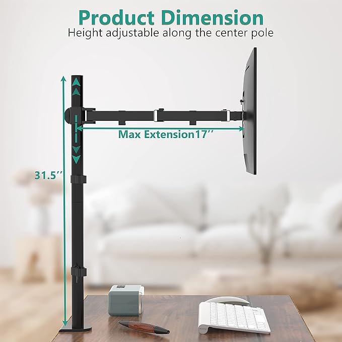 WALI Monitor Arm Mount for Desk, Single Extra Tall Computer Desk Mount, Monitor Bracket Mount Stand Single, up to 32 inch, 22 lbs (M001XL), Black