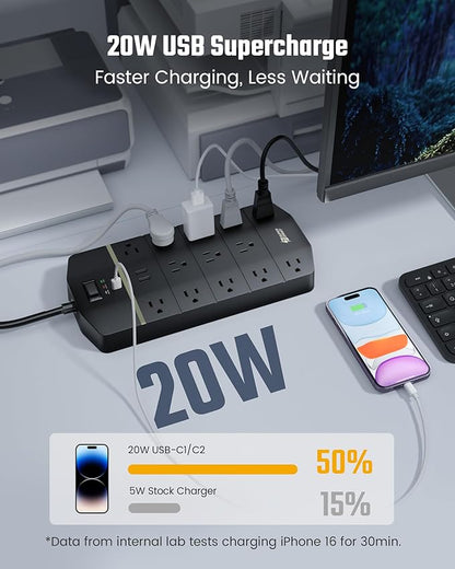 SUPERDANNY 15A Power Strip Surge Protector 5000 J with 13 AC Outlets 2 USB-A & 2 USB-C PD 20W Fast Charging Heavy Duty 14AWG/3C Industrial Grade 10ft Extension Cord for Workbench Home Office Black