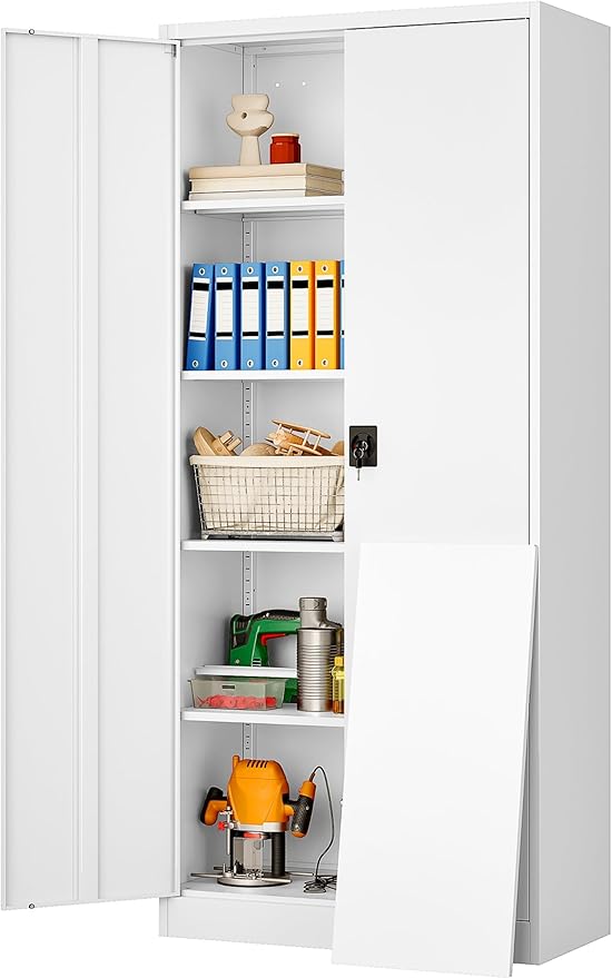 SISESOL Wide & Deep Metal Storage Storage Cabinet with Adjustable Shelves,White Metal Cabinet with Lock,Steel Pantry Cabinets,72" Lockable Cabinets for Home,Office,Garage,Kitchen,Shop