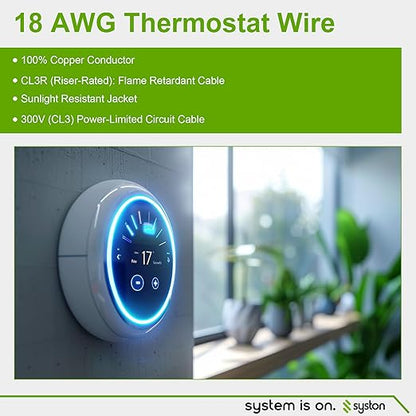 Syston 18/10 Thermostat Doorbell HVAC Heating Control Cable Wire, 18 AWG 10 Conductors 100% Solid Copper Conductors CL3R/FT4/CMR Riser-Rated, UV Resistant RoHS for Low Voltage Applications Use