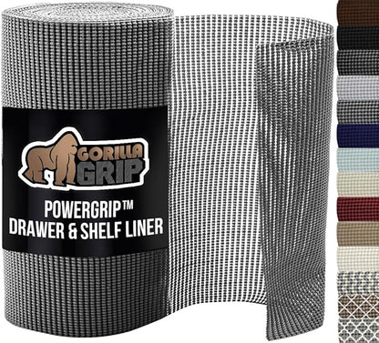 GORILLA GRIP powerGRIP Drawer Shelf and Cabinet Liner, Thick Strong Hold, Non-Adhesive Liners Protect Kitchen Cabinets and Cupboard, Bathroom Drawers, Easy Install, Breathable Mat, 17.5" x10', Gray