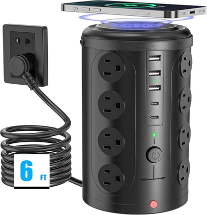 Surge Protector Power Strip - Desk Charging Station with 15W Wireless Charger, Multiple Outlets Charging Station with 16 2300J AC Outlets & 5 USB (2 USB C) Port, for Home, Office, Dorm Room
