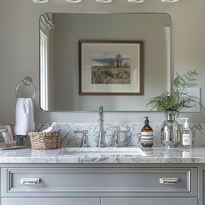 ANDY STAR Chrome Bathroom Mirrors for Over Sink, 24x32 Inch Polished Silver Mirror for Wall, Rectangular Metal Framed Vanity Mirror -Modern Clean Design with Superior Stainless Steel Frame