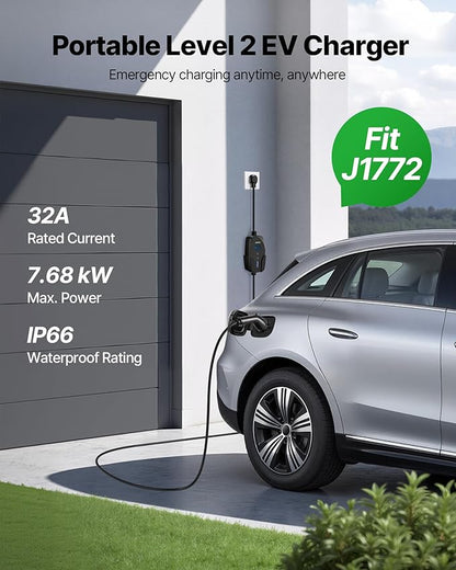 VEVOR Level 2 EV Charger, 32 Amp Adjustable Current, 240V Electric Vehicle Portable Charger with 25 ft Charging Cable, NEMA 14-50P Plug, LCD Display, Plug-in Home Car Charging Station for SAE J1772 EV