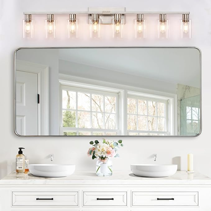 8 Light Bathroom Vanity Light, Large Brushed Nickel Vanity Lights Fixtures, Bathroom Lighting Fixture Over Mirror with Clear Glass Shade for Mirror, Bedroom, Living Room, Wall Lamp
