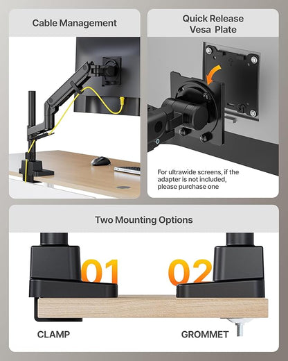 monTEK Heavy-Duty Single Monitor Arm for 17-57 inch, up to 59.4lbs Ultrawide Screens,Gas Spring Dual Curved Adjustable Monitor Stand for Desk,75/100mm VESA Mount with USB，Black
