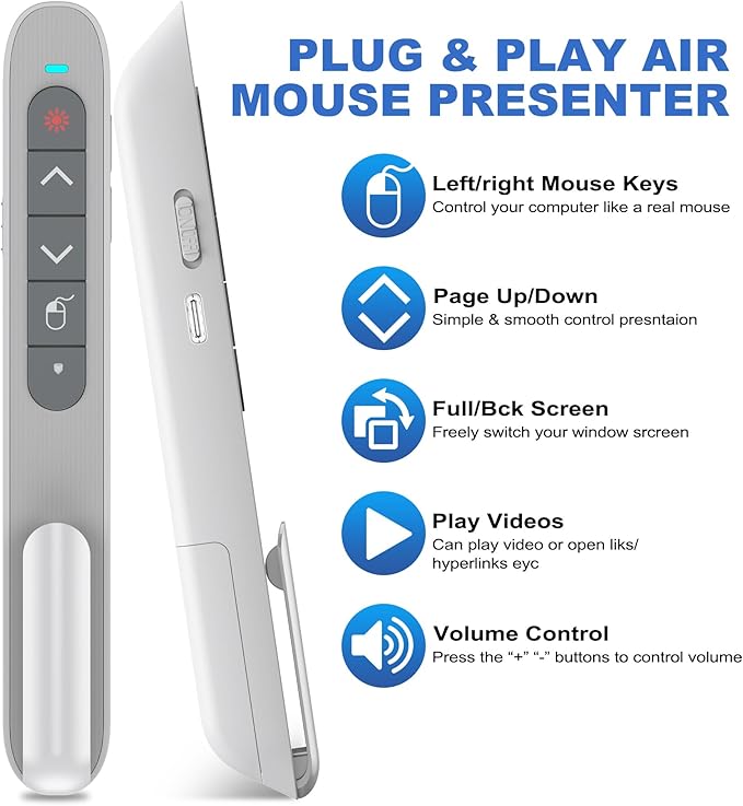 DinoFire Wireless Presentation Remote with Air Mouse White, RF 2.4GZ Rechargeable USB C Slide Clicker for Powerpoint Presentations for Laptop/Computer/MAC