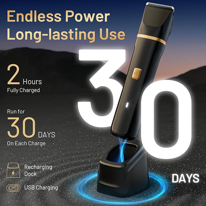 Electric Body Trimmer for Men, IPX7 Waterproof Groin and Pubic Hair Shaver, 2 in 1 Dual Head Grooming Kit for Beard Nose Ear, Cordless Rechargeable with Charging Dock, Ceramic Blades, Painless Trim