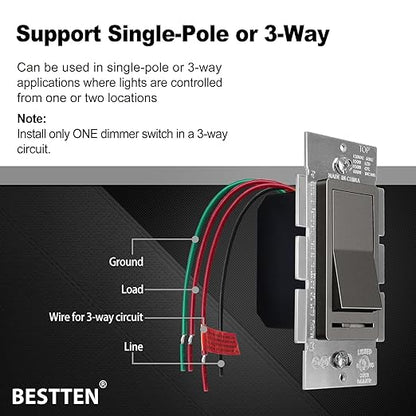BESTTEN 5 Pack Matte Brown Dimmer Light Switch, Single Pole or 3-Way, Compatible with Dimmable LED, CFL, Incandescent and Halogen Bulb, 120VAC, UL Listed