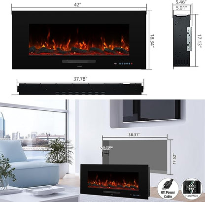 36" Electric Fireplace Inserts, Recessed & Wall Mounted Fireplace Heater Colorful Flame &Fuel, Remote Control Setting Dimer, Thermostat &Timer, Plug in &Hard-Wire Option, 750W/1500W, Black