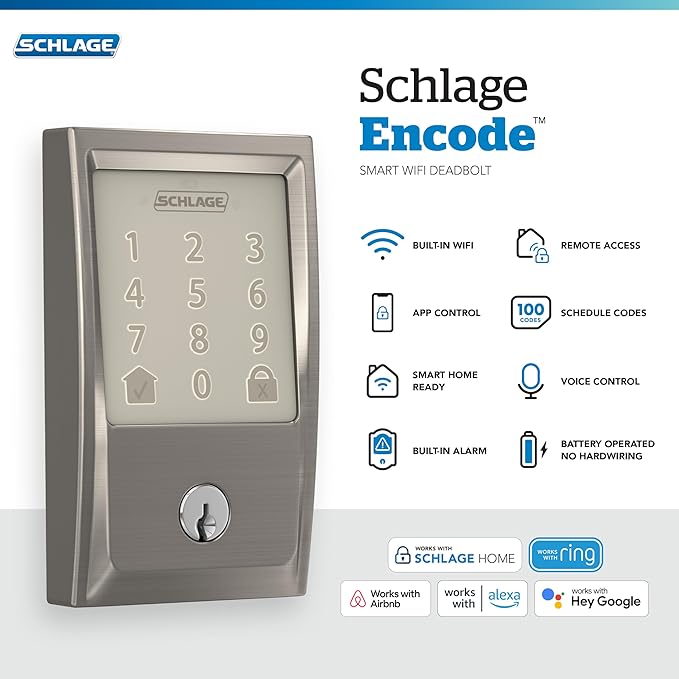 Schlage Encode Smart WiFi Deadbolt Lock for Front Door - Keyless Entry with App or Touchscreen - Works with Alexa, Hey Google, & Airbnb - Create Codes for Guests - Satin Nickel Silver