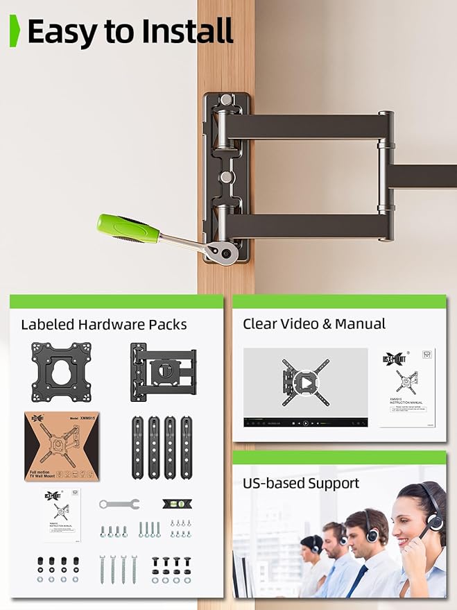 USX MOUNT Full Motion TV Wall Mount for 26-60 inch up to 77 lbs, Single Stud Corner TV Mount Bracket with Swivel Tilt Articulating, Monitor Wall Bracket Fit Max VESA 400x400mm