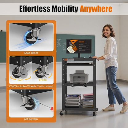 AV Presentation Cart Stand for Video Projector,TV,Laptop Computers,Printers,Metal Construction Rolling Cart with Adjustable Shelves,4 Wheels,4 Outlets, 5.75ft Cord,Support 300 lbs,Black