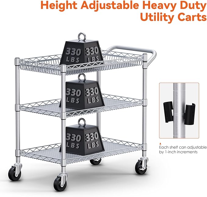 WDT 990Lbs Capacity Heavy Duty Rolling Utility Cart, NSF Rolling Carts with Wheels,Commercial Grade Metal Cart with Handle Bar & Shelf Liner,Trolley Serving Cart for Kitchen,Restaurant,Silver
